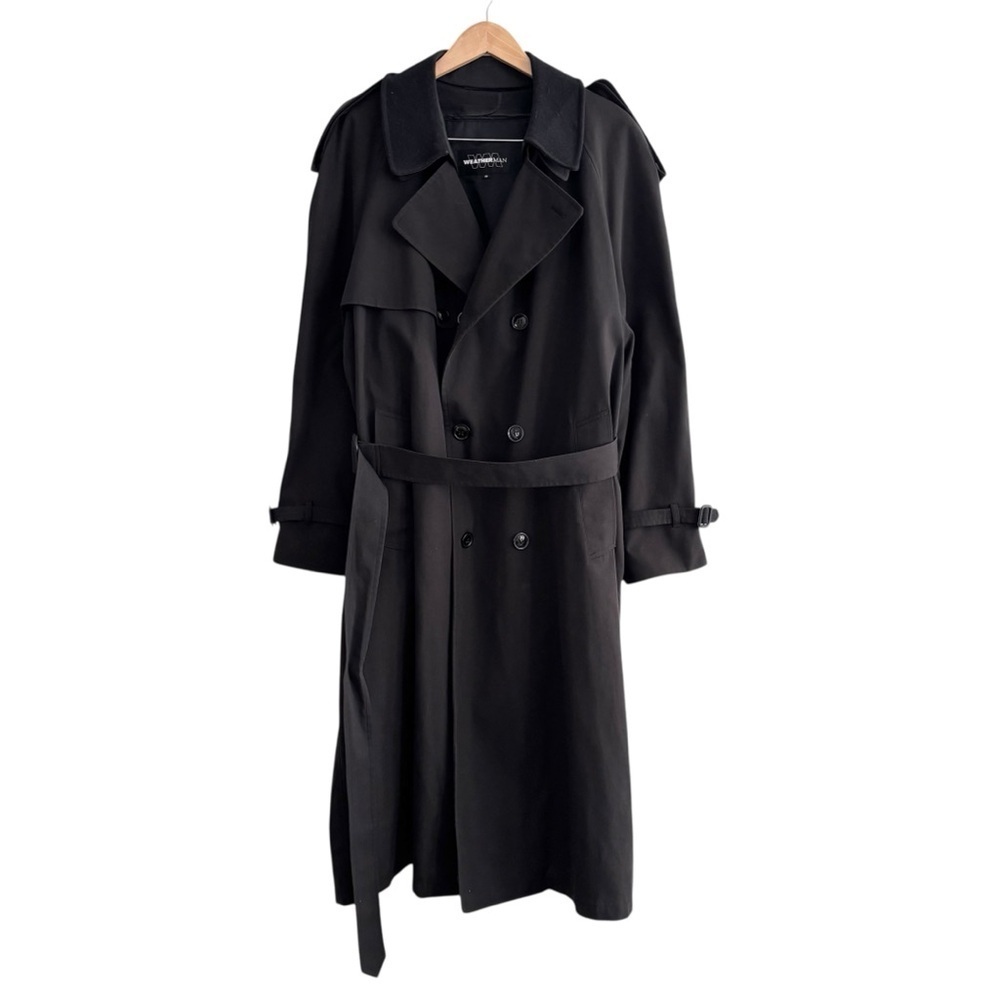 Vintage Lined Classic Black Belted Double Breasted Trench Coat Wool Inner